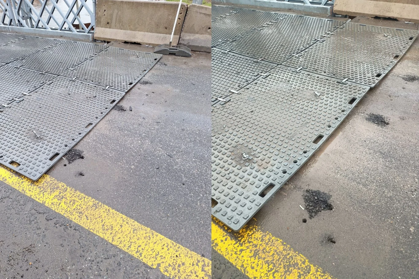Metalowa płyta zabezpieczająca leży na asfalcie, obok znajduje się żółta linia na powierzchni drogi. Widoczna jest również betonowa bariera w tle, co sugeruje tymczasowe zabezpieczenie na drodze lub moście.