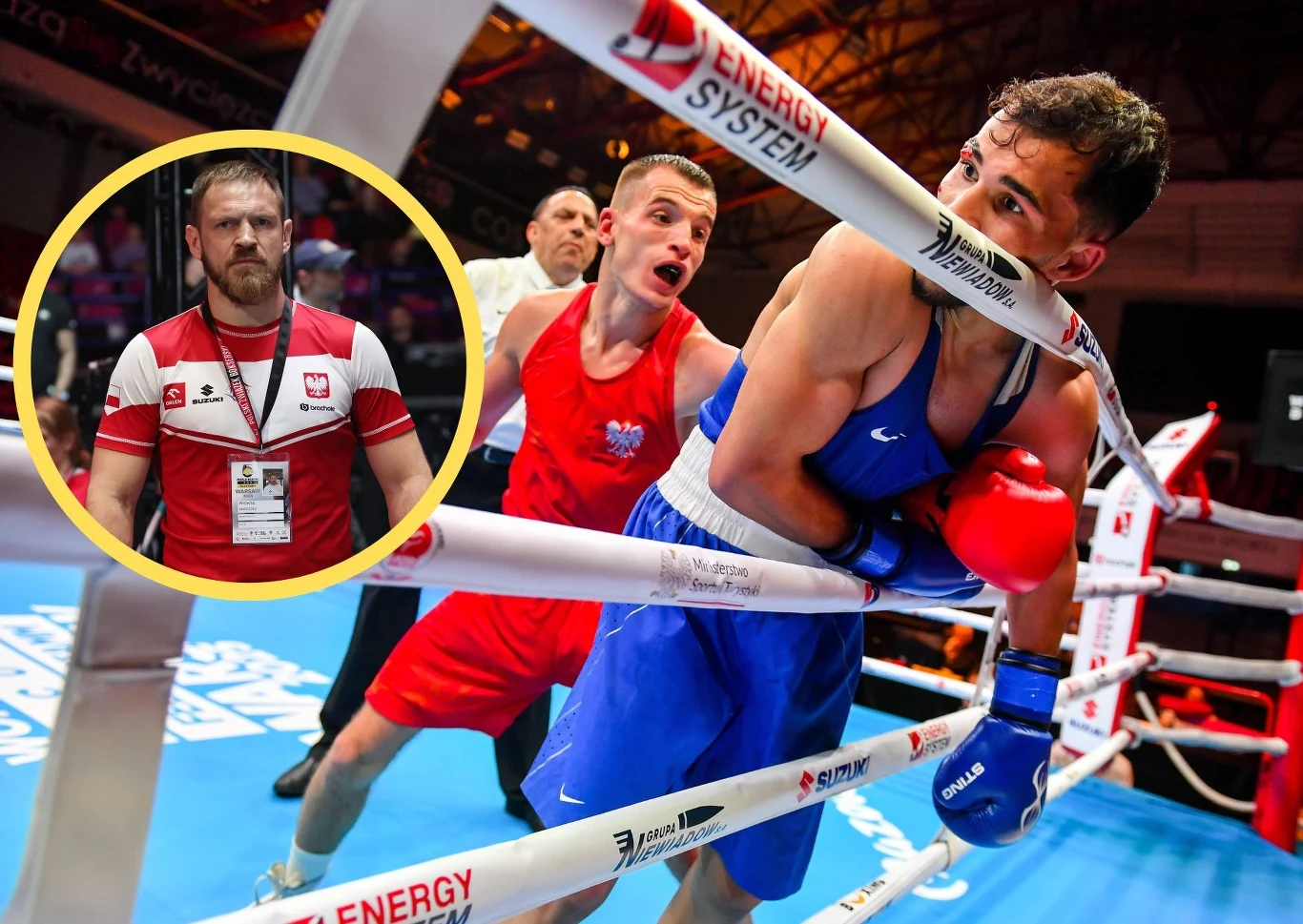 Trener Grzegorz Proksa (w kółku) jest pod wrażeniem tego, co w Pucharze Świata w Warszawie osiągnął Paweł Brach w kat. 60kg Trener Grzegorz Proksa (w kółku) jest pod wrażeniem tego, co w Pucharze Świata w Warszawie osiągnął Paweł Brach w kat. 60kg