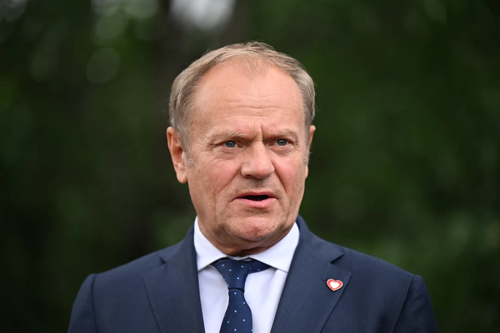 Premier Donald Tusk Mężczyzna w średnim wieku w formalnym ubraniu z przypiętym do klapy sercem. W tle rozmyta zieleń.