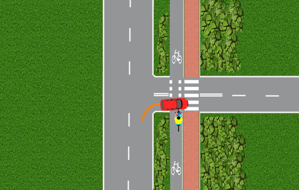 row Widok z lotu ptaka na skrzyżowanie dróg z rowerzystą w żółtej kamizelce i czerwonym samochodem na kursie kolizyjnym. Ilustracja przedstawia sytuację na drodze z zaznaczoną trasą rowerową, pieszym przejściem oraz roślinnością wokół skrzyżowania.