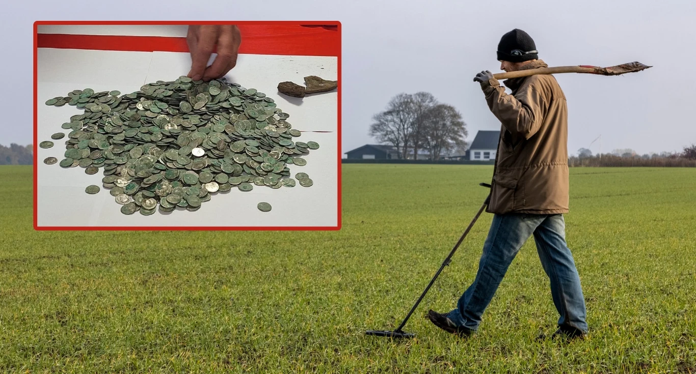 Detektorysta odkrył bezcenny skarb z epoki starożytnego Rzymu Osoba chodząca z wykrywaczem metali po otwartej przestrzeni, prawdopodobnie w poszukiwaniu monet lub innych metalowych przedmiotów. Wstawka w lewym górnym rogu pokazuje stos znalezionych monet i rękę w trakcie ich przeszukiwania.