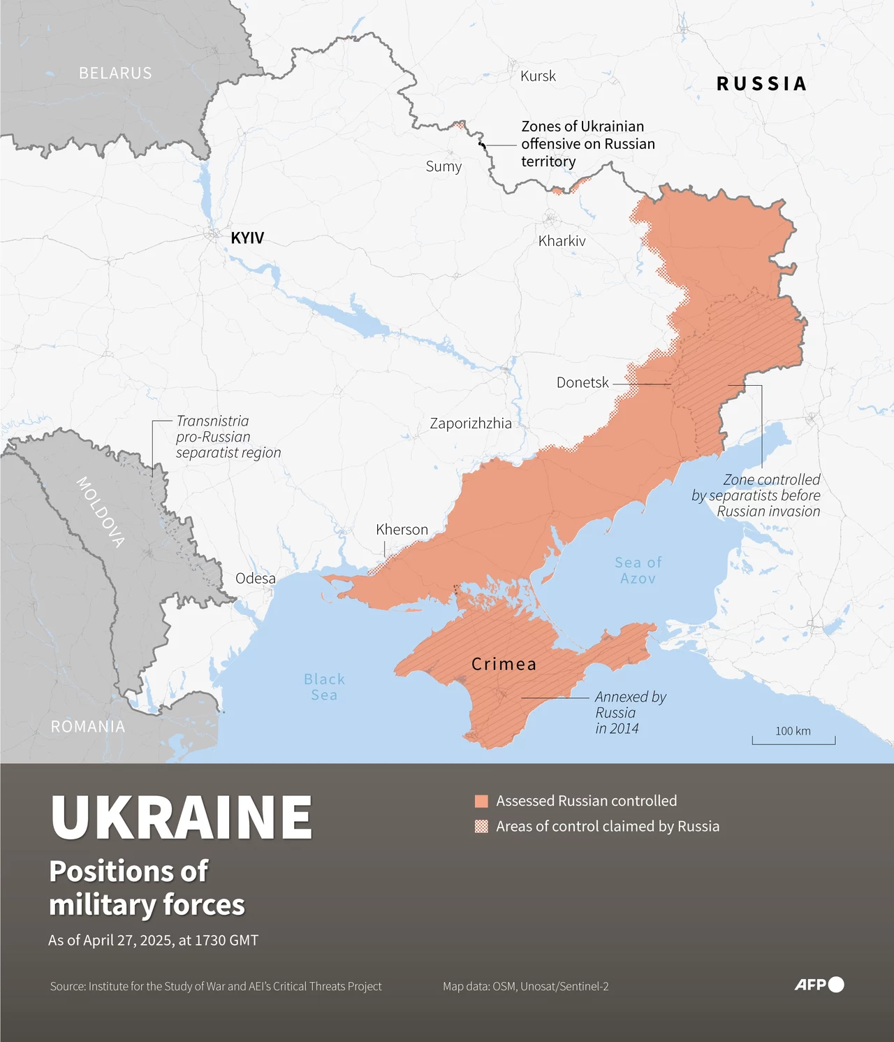 Aktualne pozycje rosyjskich wojsk w Ukrainie Mapa przedstawiająca pozycje sił wojskowych na Ukrainie z zaznaczeniem terenów kontrolowanych przez Rosję oraz obszary działające na rzecz Ukrainy. Zawiera szczegółowe oznaczenia miast oraz oznakowania ważnych miejsc i granic.