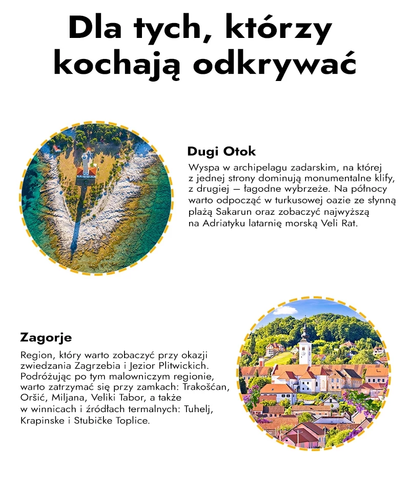 Infografika Dwuczęściowy plakat promujący miejsca do odkrycia: Dugi Otok z monumentalnymi klifami i turkusowym wybrzeżem oraz Zagorje z malowniczymi zamkami i winnicami. Opisy i zdjęcia krajobrazów w okrągłych ramkach zachęcają do podróży.