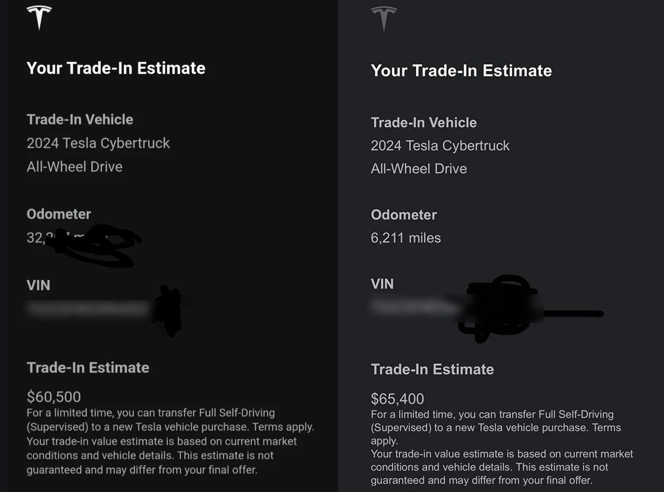 Propozycje cenowe Tesli. Nowy Cybertruck kosztował 99 900 dolarów. / Fot. Cybertruck Owners Club Porównanie dwóch ofert sprzedaży Tesli Cybertruck z różnym przebiegiem i wartościami odsprzedaży, podkreślające różnice w szacunkowej wycenie pojazdu w zależności od stanu i przebiegu.