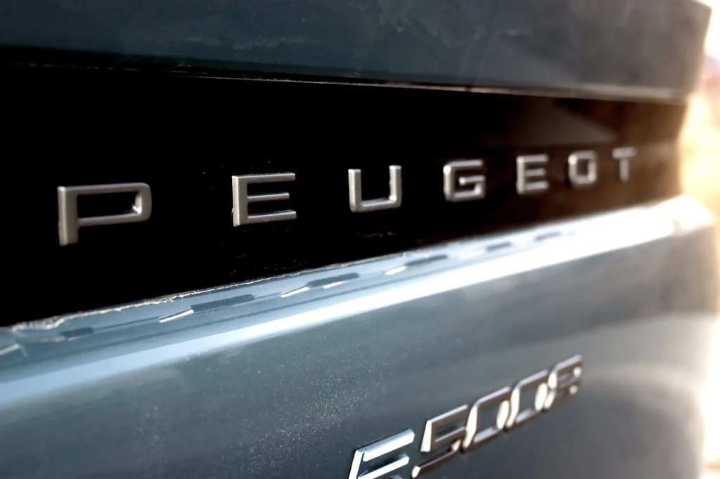 Peugeot e-5008 Logo marki Peugeot na karoserii samochodu o modelu 5008, widoczne na metalicznym tle.