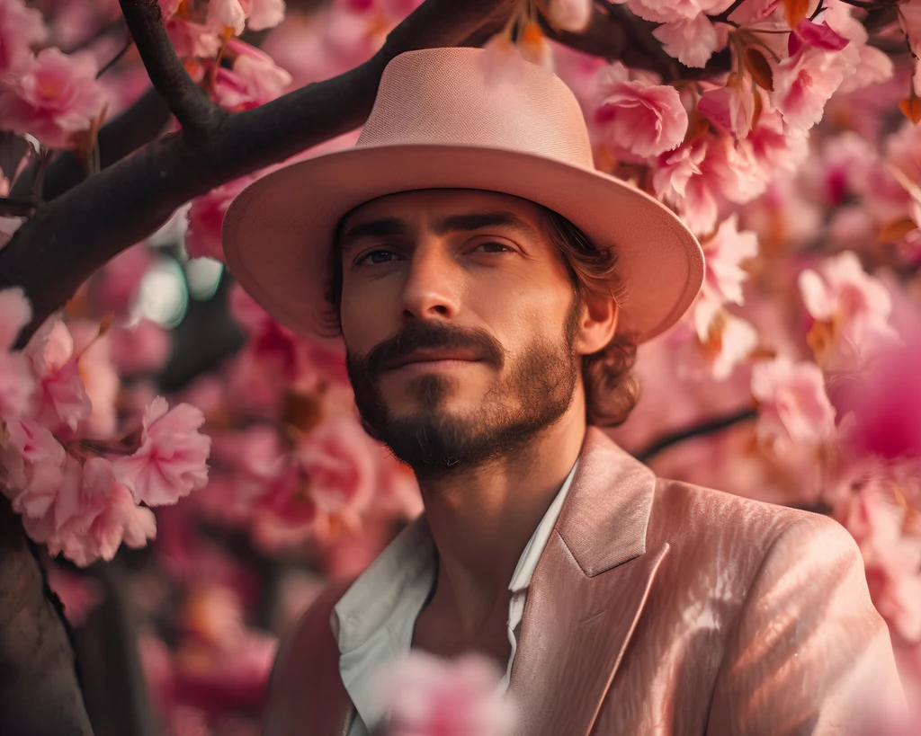 Wśród imion związanych z naturą to damskie propozycje są zdecydowanie bardziej popularne niż męskie Mężczyzna w eleganckim różowym garniturze i kapeluszu pozuje na tle kwitnących drzew wiśni. Światło podkreśla delikatne kolory kwiatów i elementy ubioru, tworząc harmonijną i przyjemną wizualnie scenę.