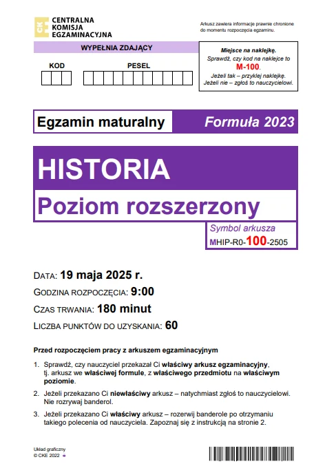 Matura 2025. Historia, poziom rozszerzony. Arkusz CKE - strona 1