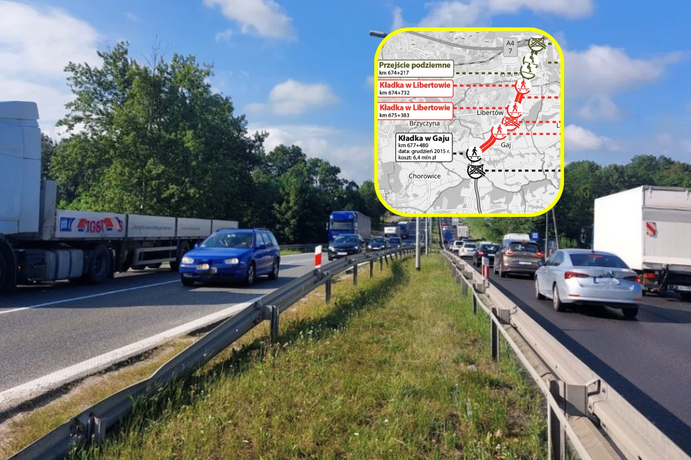 Kierowcy muszą uzbroić się w cierpliwość. Na Zakopiance rusza kolejny etap prac. Ruchliwa droga z samochodami i ciężarówkami w obu kierunkach, w tle zalesiony teren. W prawym górnym rogu widoczna mapa z zaznaczonymi trasami drogowymi i informacjami o objazdach.