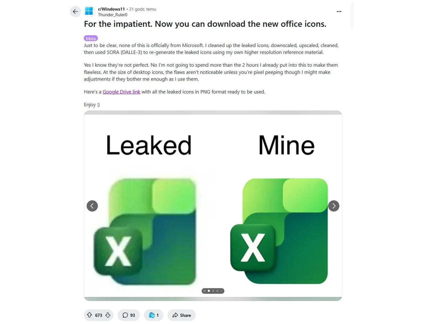 Nowe ikony Office powiększone za pomocą narzędzia AI Porównanie dwóch ikon programu Excel, z podpisami 'Leaked' i 'Mine', wskazujące na różnice w ich wyglądzie i jakości. Ikony różnią się odcieniami kolorów zieleni i bieli.