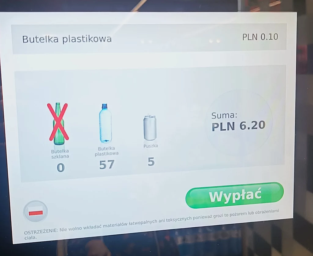 Ekran butelkomatu Lidla, gdzie mężczyzna zarobił ponad 6 zł na oddanych butelkach
