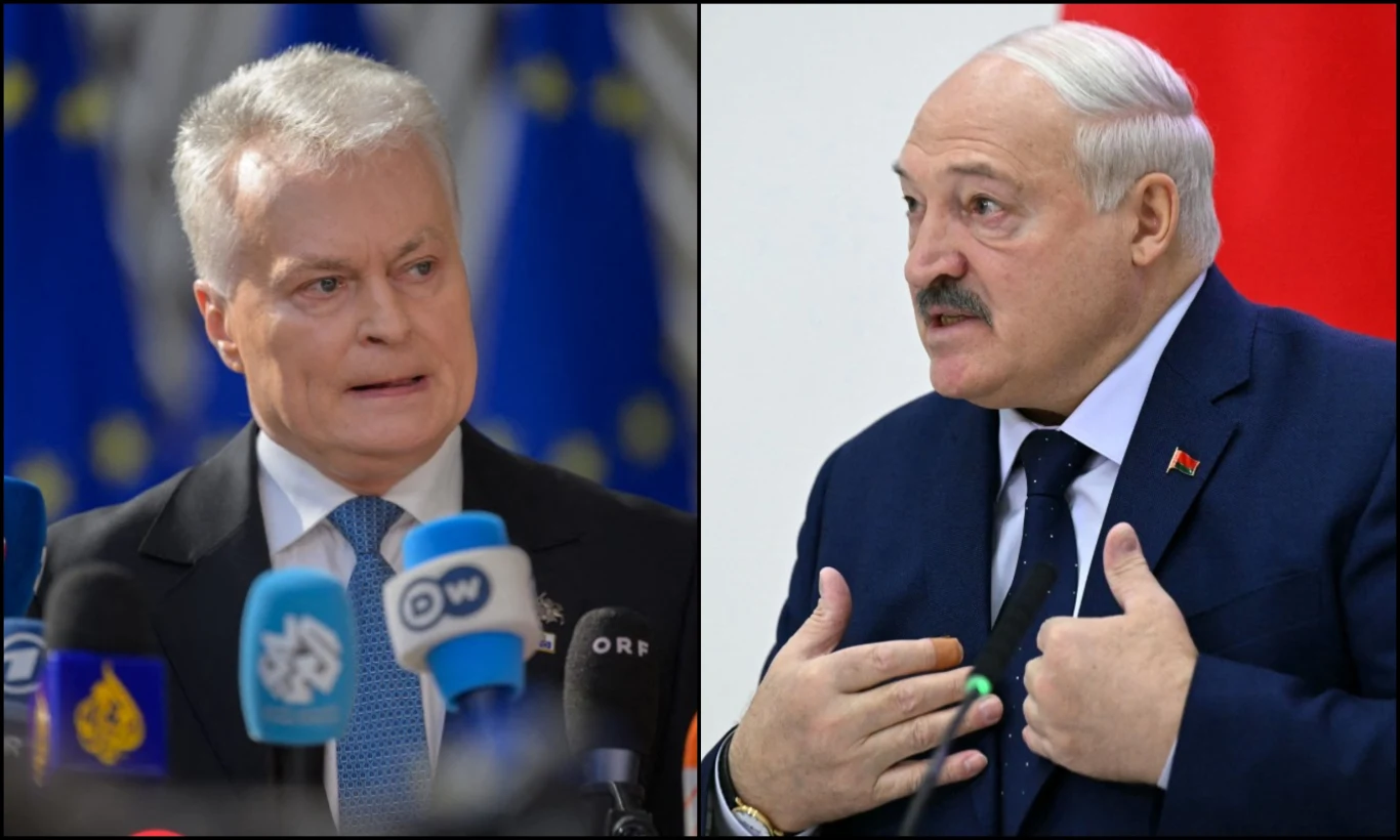 Litwa pozywa Białoruś do MTK w związku z szantażem migracyjnym Dwóch mężczyzn w eleganckich garniturach podczas konferencji prasowej, otoczonych mikrofonami różnych mediów. Mężczyzna po lewej mówi do prasy, stoi przed flagą z gwiazdami. Mężczyzna po prawej z mikrofonami przed sobą gestykuluje, ma na sobie ciemny g...