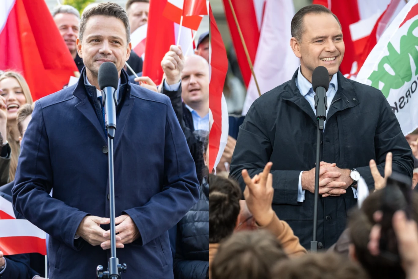 Rafał Trzaskowski i Karol Nawrocki Dwaj mężczyźni stoją przed mikrofonami i przemawiają do zgromadzonego przed nimi tłumu, tło wypełniają flagi i widoczni są ludzie z podniesionymi rękami.