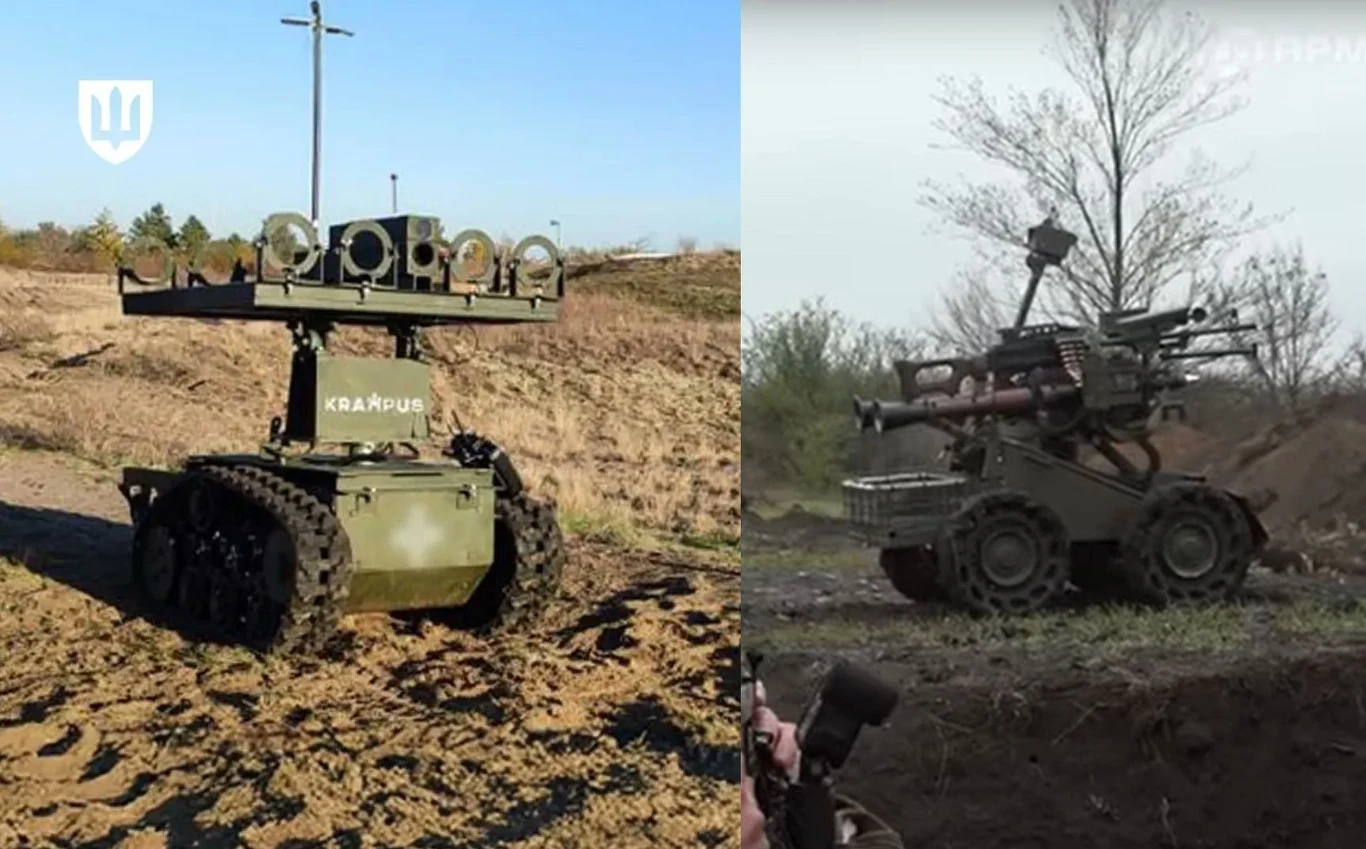 KRAMPUS zieje ogniem, GNOM strzela z RPG. Ukraina stawia teraz na roboty naziemne Dwa wojskowe roboty gąsienicowe na polu, gotowe do ćwiczeń na poligonie. Robot po lewej stronie ma zamontowane na platformie urządzenia, a po prawej stronie wyposażony jest w kilka lufek. Teren otoczony jest krzakami i drzewami.