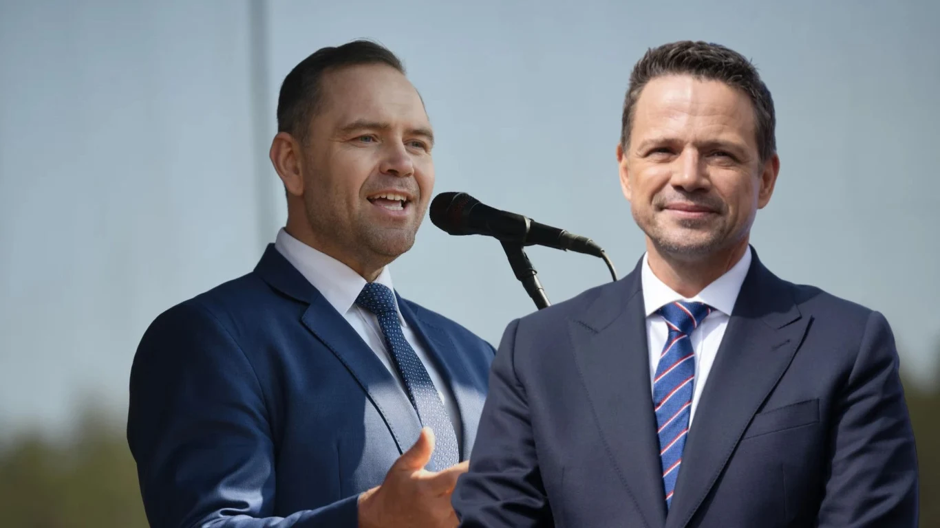 Debata przed drugą turą wyborów. Doszło do przełomu. Dwóch mężczyzn w eleganckich garniturach stoi przed mikrofonami, wydają się być zaangażowani w publiczne przemówienie.