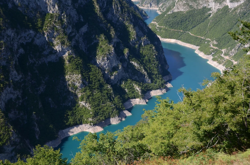 Park Narodowy Durmitor Widok na malowniczy kanion z turkusową wodą otoczony stromymi, zalesionymi zboczami górskimi. Światło słoneczne podkreśla kolory natury, tworząc harmonijny krajobraz pełen spokoju i dzikości.