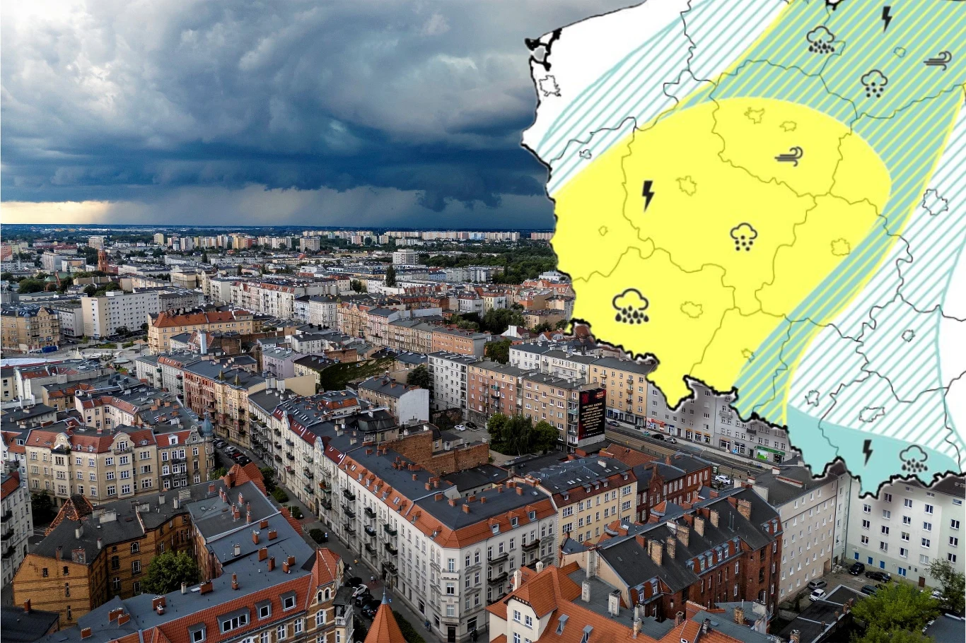 Środa będzie dniem z niebezpieczną, burzową pogodą w wielu miejscach, zwłaszcza na południowym zachodzie. Trzeba uważać na ulewy i silny wiatr Panorama miasta z gotycką architekturą w centrum, na niebie ciemne burzowe chmury. W prawym górnym rogu mapa pogodowa z ostrzeżeniem przed burzami na danym obszarze.