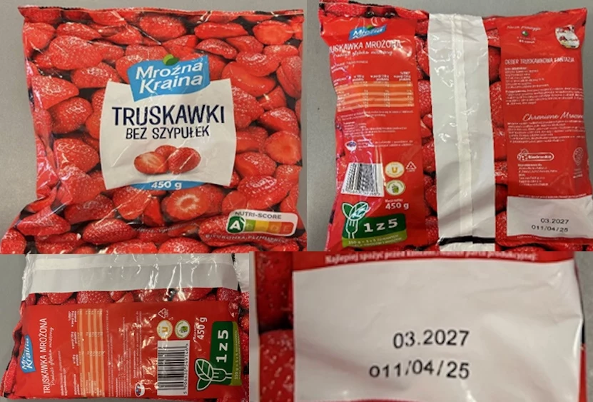 W jednej partii mrożonych truskawek wykryto obecności bakterii Salmonella - ostrzega GIS Opakowanie mrożonych truskawek "Mroźna Kraina" prezentujące przód i tył produktu wraz z informacjami o składzie i datach ważności. Widoczne są informacje o wadze, wartości odżywczej oraz opakowaniu bez szypułek.