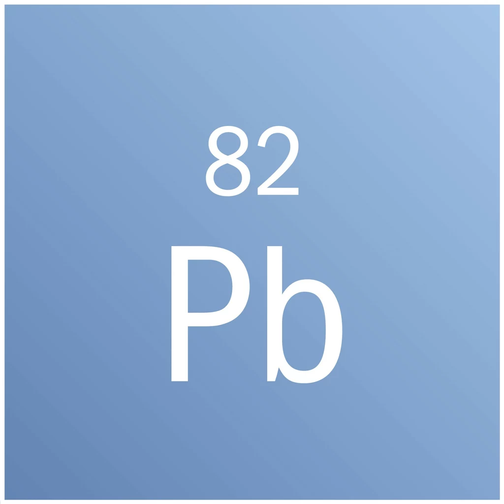 Ołów jest neurotoksyczny Symbol chemiczny ołowiu Pb z numerem atomowym 82 na niebieskim tle.