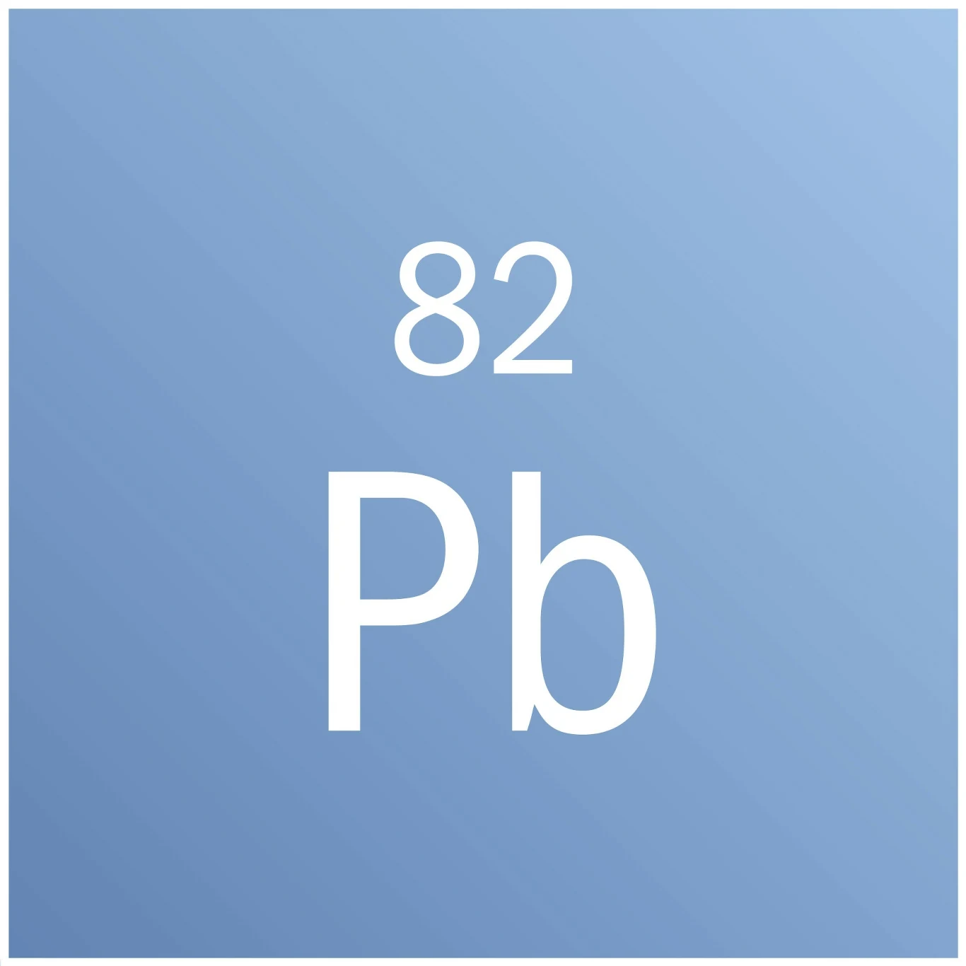 Symbol chemiczny ołowiu Pb z numerem atomowym 82 na niebieskim tle.