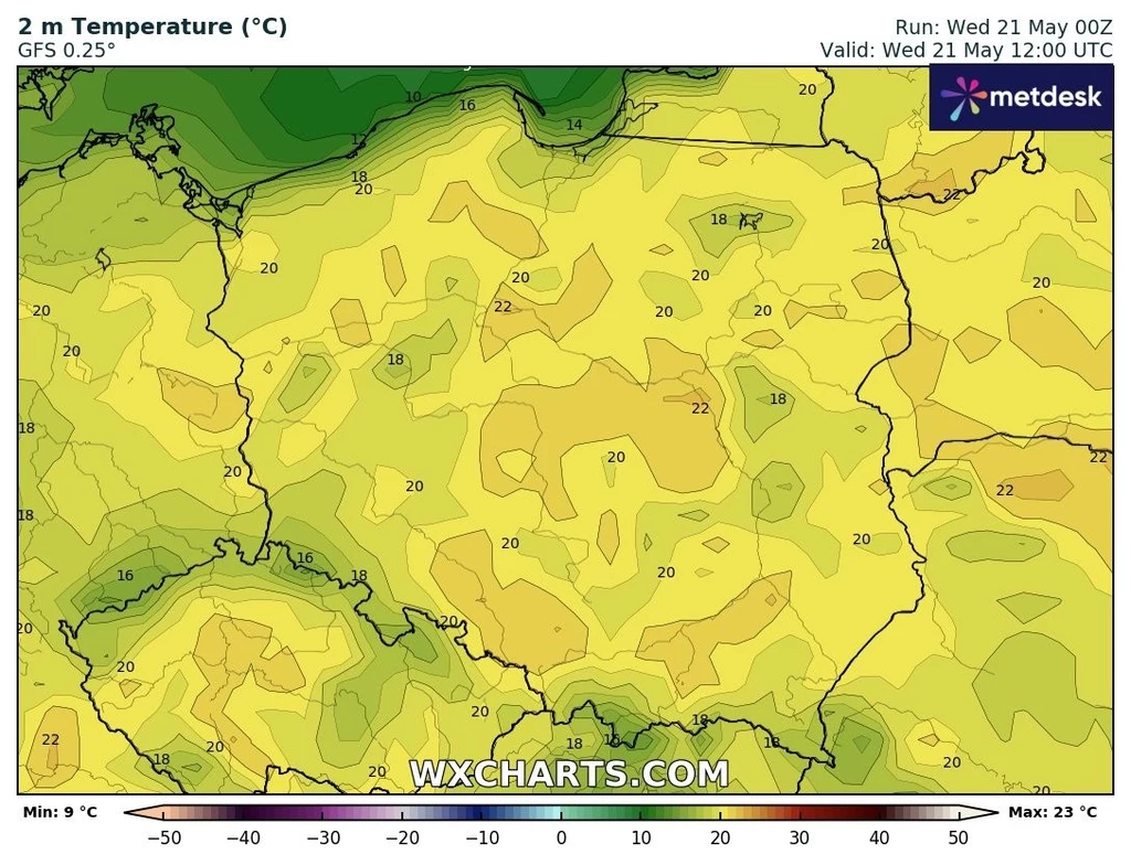Mapa Polski prezentująca prognozowane temperatury powietrza na poziomie 2 metrów nad powierzchnią gruntu w różnych rejonach kraju, z wyszczególnieniem wartości w stopniach Celsjusza oraz zróżnicowaniem kolorystycznym odpowiadającym zakresom temperatur.