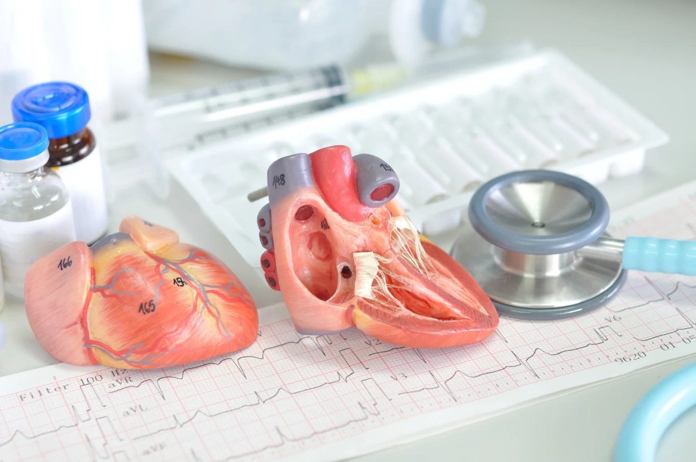 Naukowcy z Mayo Clinic znaleźli przyczynę uszkodzeń serc dawców podczas ich długotrwałego przechowywania Modele anatomiczne serca umieszczone na wydruku EKG, obok stetoskop oraz akcesoria medyczne w tle, w tym fiolki z lekami i strzykawka.