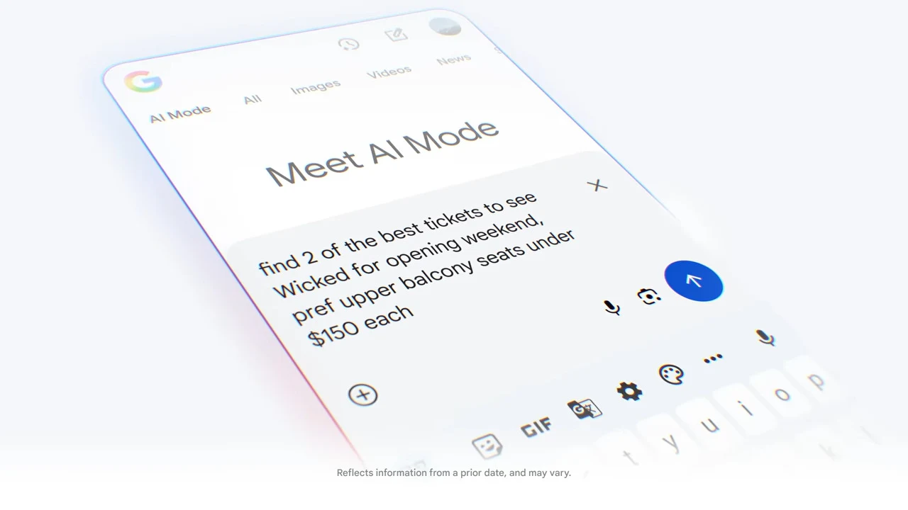 Tryb AI w Google na zawsze odmieni to, jak korzystamy z wyszukiwarki internetowej Interfejs wyszukiwarki Google na smartfonie prezentujący funkcję AI Mode. Wyświetlona jest przykładowa instrukcja tekstowa dotycząca wyszukania biletów na musical. Klawiatura ekranowa oraz ikony funkcji są widoczne na dole ekranu.
