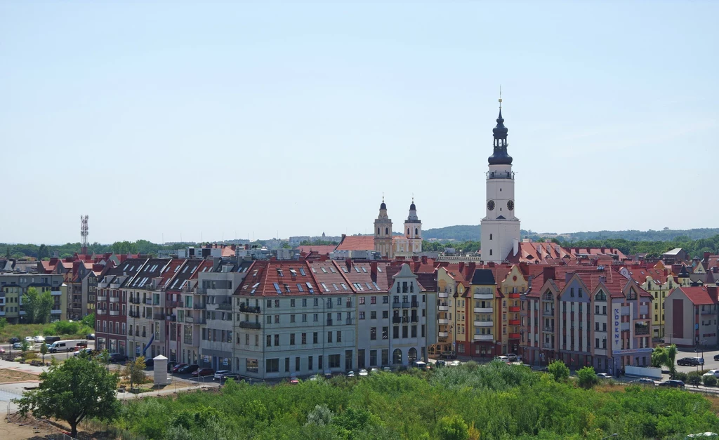 Umieść Głogów na liście ciekawych miejsc do zobaczenia podczas wyjazdu Zabudowa miejska z rzędem kolorowych kamienic o czerwonych dachach, w tle góruje wysoki kościół z charakterystyczną wieżą, otoczenie zieleni i niskiej zabudowy mieszkalnej