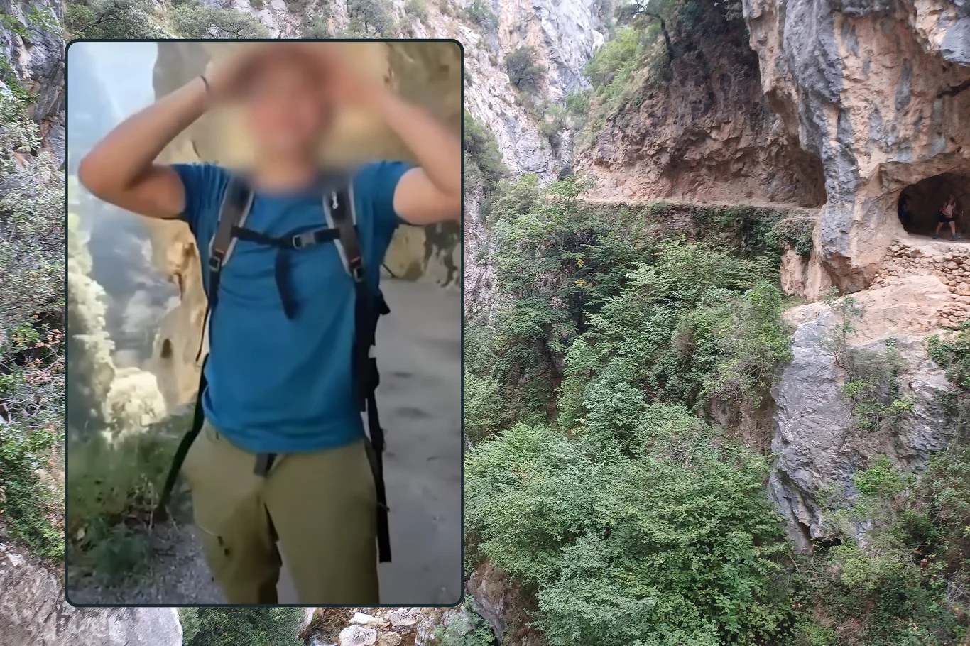 Niebezpieczny incydent mógł doprowadzić do tragedii. Nieodpowiedzialny turysta zostanie ukarany wysoką grzywną. Wąwóz skalny z wytyczoną ścieżką górską, na pierwszym planie osoba z plecakiem w stroju trekkingowym na tle wysokich skał i bujnej roślinności, widoczny fragment tunelu w skale.