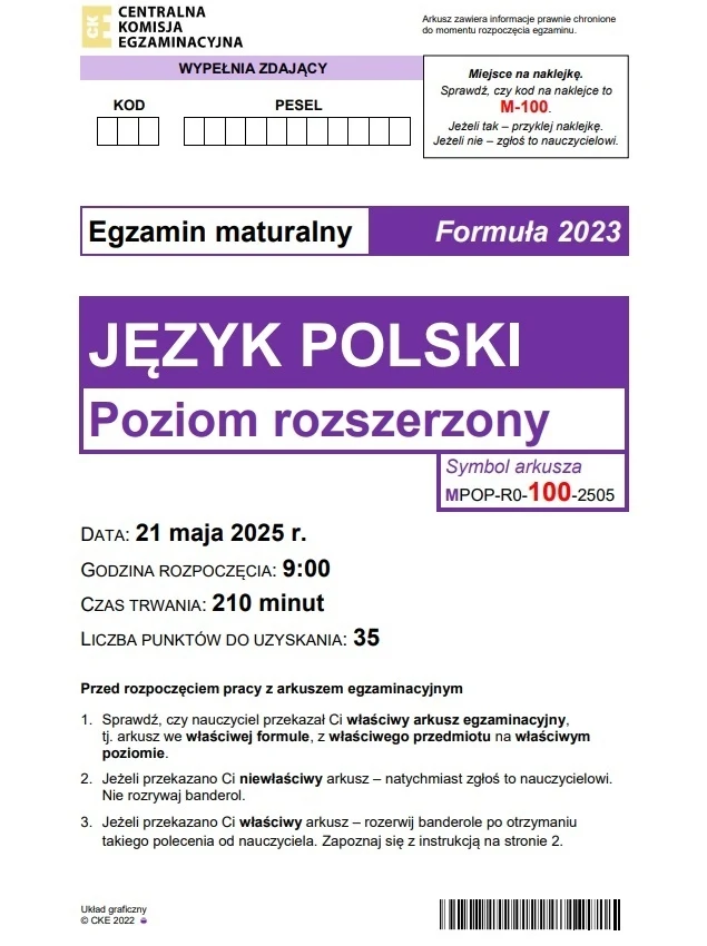 Matura 2025. Rozszerzony język polski, arkusz CKE - strona 1