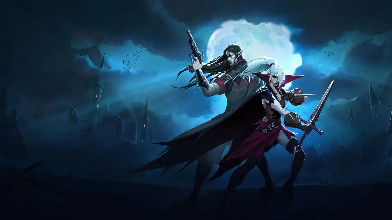 V Rising Dwójka bohaterów w dynamicznych pozach na tle pełni księżyca, kobieta z białymi włosami i mieczem oraz mężczyzna z długimi włosami trzymający dwa pistolety, w tle mroczny, bajkowy krajobraz z sylwetkami zamków i nietoperzami na nocnym niebie.