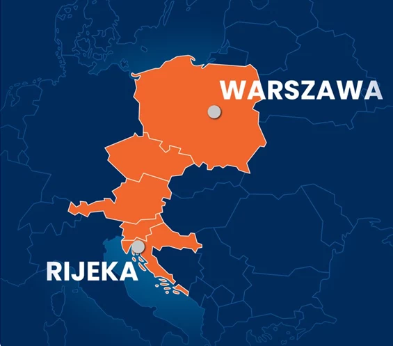 Pociąg z Warszawy do Rijeki przejedzie przez pięć krajów Mapa Europy Środkowej i Wschodniej z zaznaczonymi granicami kilku państw, na których wyróżnione są dwa miasta: Warszawa i Rijeka, opisane dużymi literami, państwa oznaczone kolorem pomarańczowym na tle niebieskiej mapy.