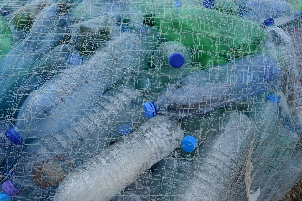 Fot. pixabay.com/ MatthewGollop Stos plastikowych butelek w różnych odcieniach niebieskiego i zielonego, przykryty gęstą siatką zabezpieczającą.