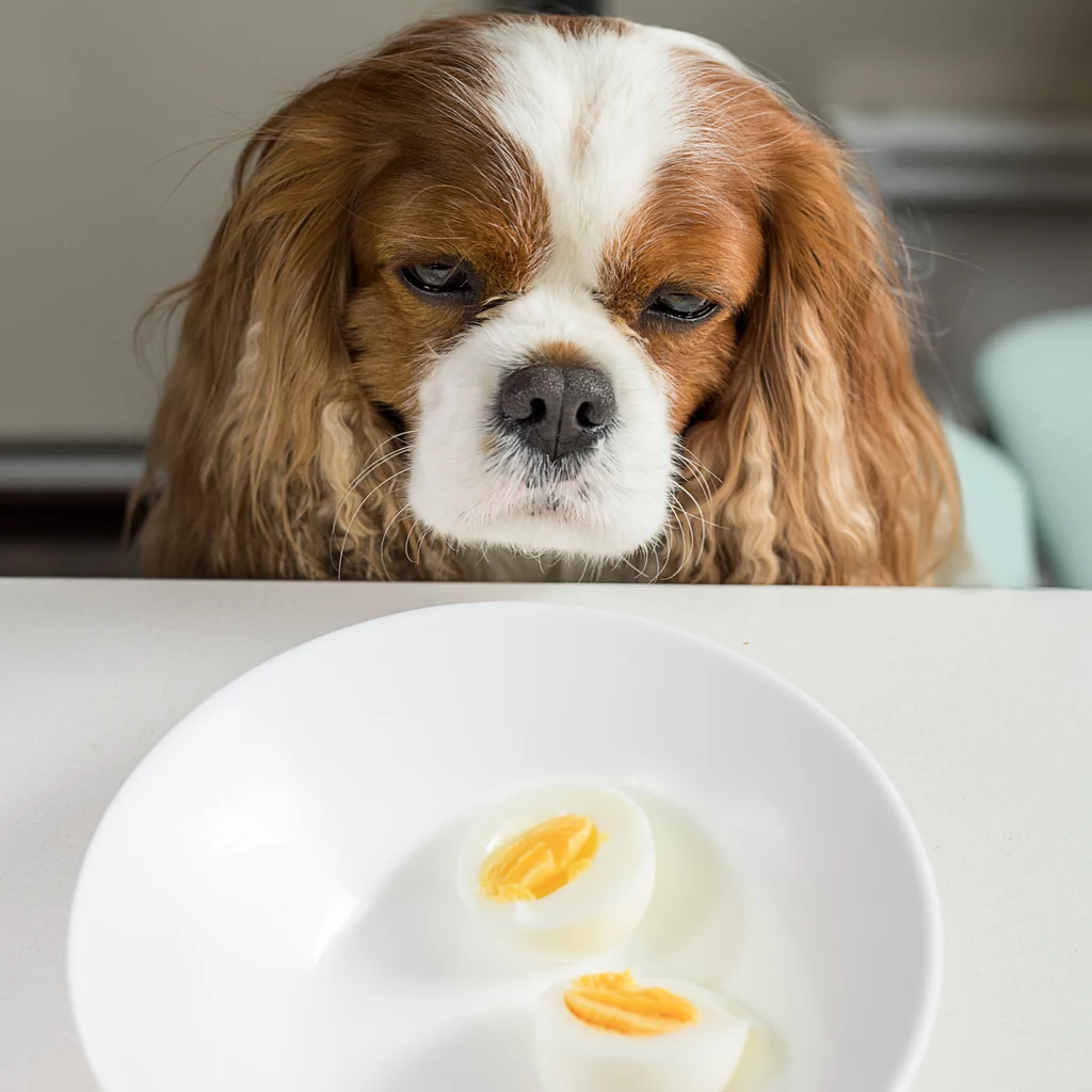 Jajko może być doskonałym źródłem witamin i minerałów dla psa Pies rasy cavalier king charles spaniel skupiony i lekko zasmucony patrzy na biały talerz, na którym znajdują się dwie połówki gotowanego jajka