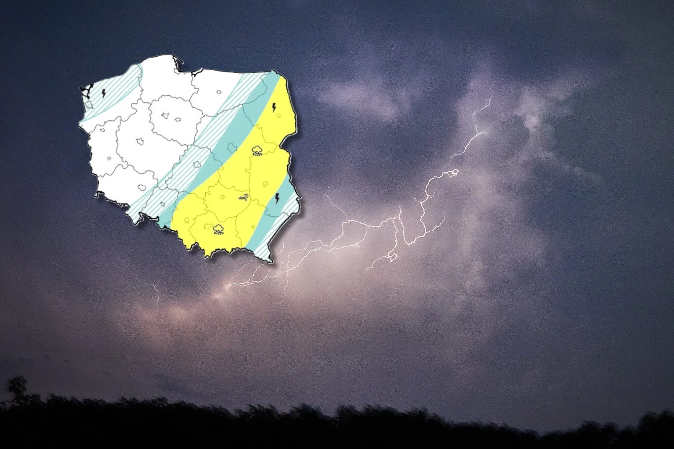Burze w czwartek skupią się na południowej i wschodniej części Polski. W wielu miejscach powieje silny wiatr, lokalnie spadnie również grad Mapa Polski z zaznaczonymi obszarami ostrzeżeń pogodowych przedstawiona na tle burzowego nieba z błyskawicą.