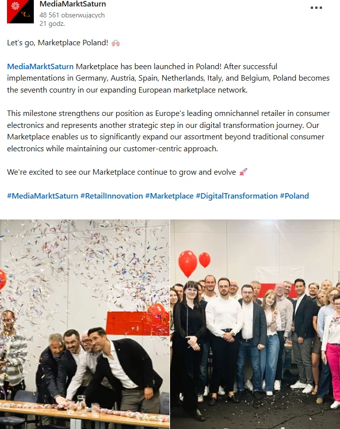 Na profilu Linkedin MediaMarktSaturn pojawiła się informacja o wdrożeniu marketplace na polskim rynku. Grupa uśmiechniętych osób ubranych w stroje biznesowe świętuje sukces biznesowy, na pierwszym planie widoczne konfetti i balony w kształcie serc, tło minimalistyczne biurowe.