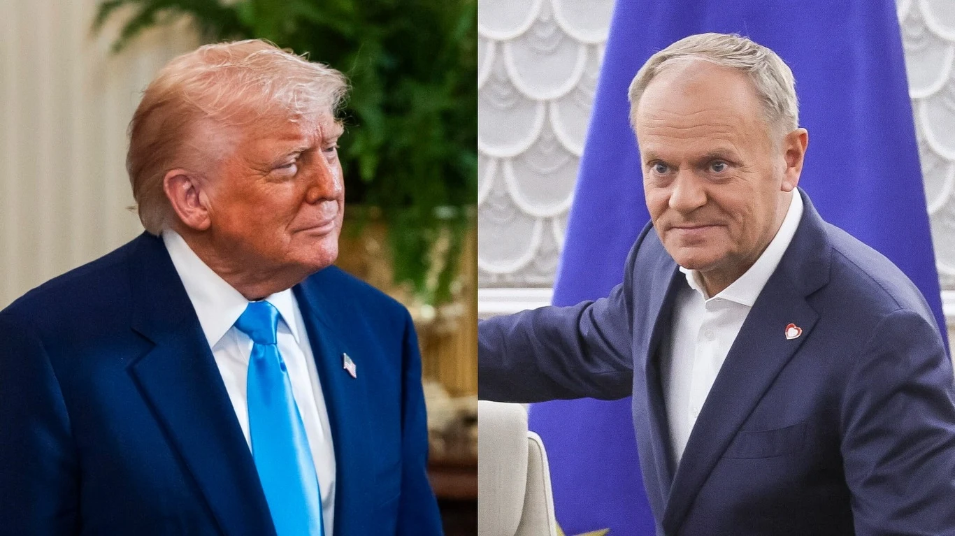 Donald Tusk odniósł się do informacji, którą miał przekazać Donald Trump Po lewej stronie mężczyzna w garniturze z niebieskim krawatem na tle jasnej ściany, po prawej stronie mężczyzna w garniturze z białą koszulą na tle niebieskiej flagi i dekoracyjnej ściany.