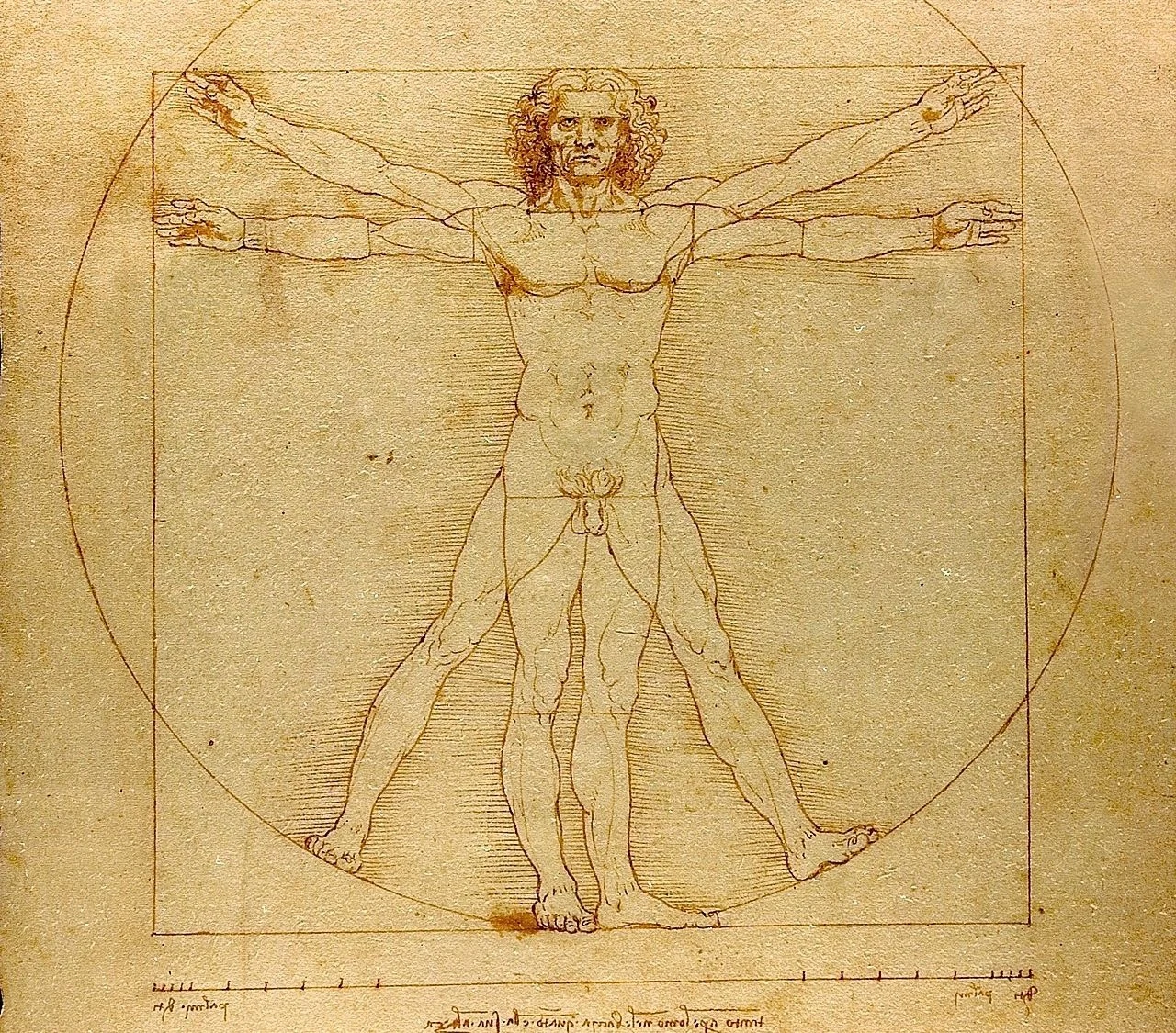 Genetyczne śledztwo po wiekach. Męska linia rodu Leonarda da Vinci ożywa Szkic nagiego mężczyzny w dwóch pozycjach nakładających się na siebie, wpisanego w okrąg i kwadrat, z wyraźnymi proporcjami ciała zgodnie z kanonami renesansu.