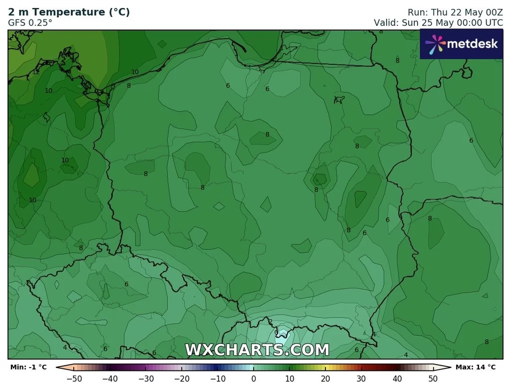Do Polski napłynie arktyczne powietrze. Kolejne noce lokalnie mogą być mroźne Mapa temperatury powietrza w Polsce i krajach ościennych, przedstawiająca wartości w stopniach Celsjusza w różnych regionach na tle zaznaczonych granic państwowych i wojewódzkich.