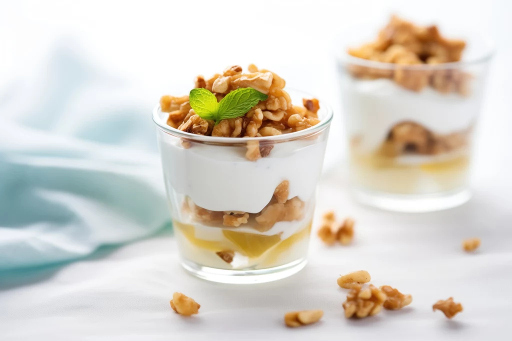 Masz ochotę na cos słodkiego? Weź jogurt naturalny, dodaj do niego orzechy, banana, polej miodem i pyszny deser gotowy! Deser składający się z warstwy jogurtu naturalnego, miodu, orzechów włoskich i listka mięty podany w szklanym pucharku, drugi pucharek rozmyty w tle