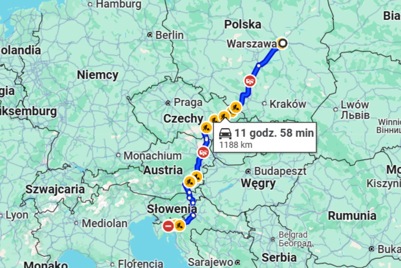 Najszybsza trasa z Warszawy do Rijeki wiedzie płatnymi drogami i liczy niespełna 1200 km. Mapa Europy Środkowej z zaznaczoną trasą samochodową z Warszawy do Słowenii, obejmującą przejazd przez Polskę, Czechy i Austrię, z podaną odległością 1188 kilometrów oraz szacowanym czasem podróży.