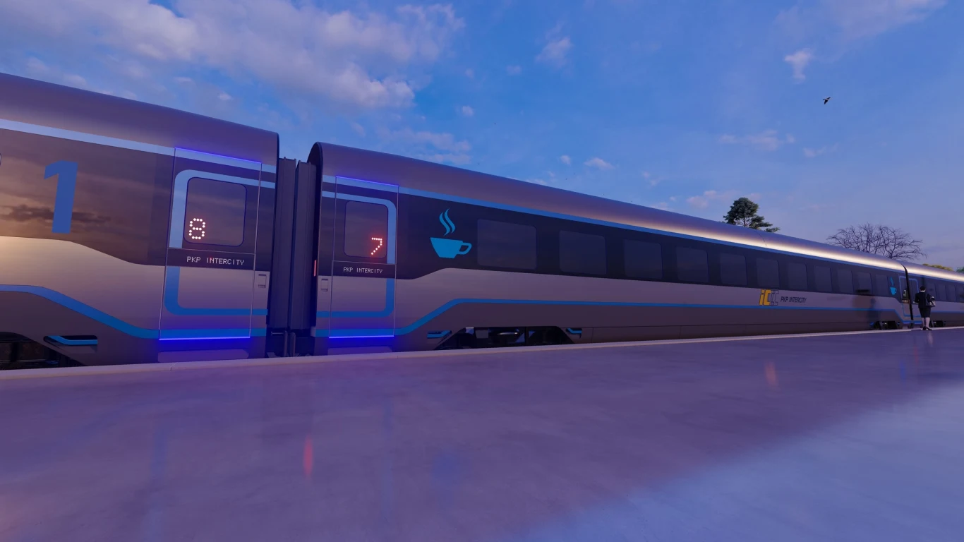 Nowe wagony PKP Intercity. Tak wygląda ich wnętrze Nowoczesny pociąg typu ekspresowego stojący na peronie, wyraźnie oznaczone numery wagonów oraz piktogram kawy sugerujący wagon restauracyjny, wieczorne lub poranne niebo w tle.