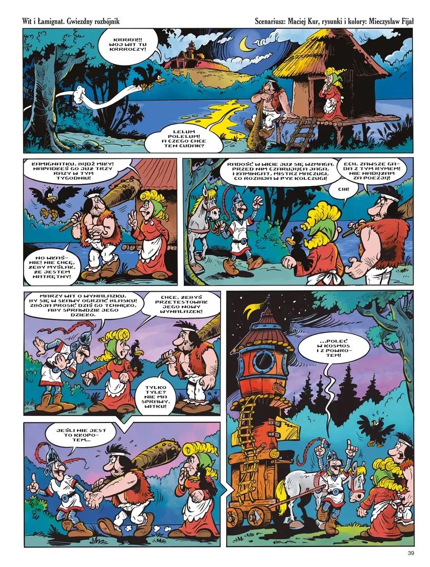 "Oferma Wielki" Kolorowa strona komiksu ukazująca nocną scenę wokół chaty nad jeziorem, kilka postaci ubranych w tradycyjne, ludowe stroje rozmawia i wykonuje różne czynności, pojawia się koń oraz wieża zegarowa na tle nocy.