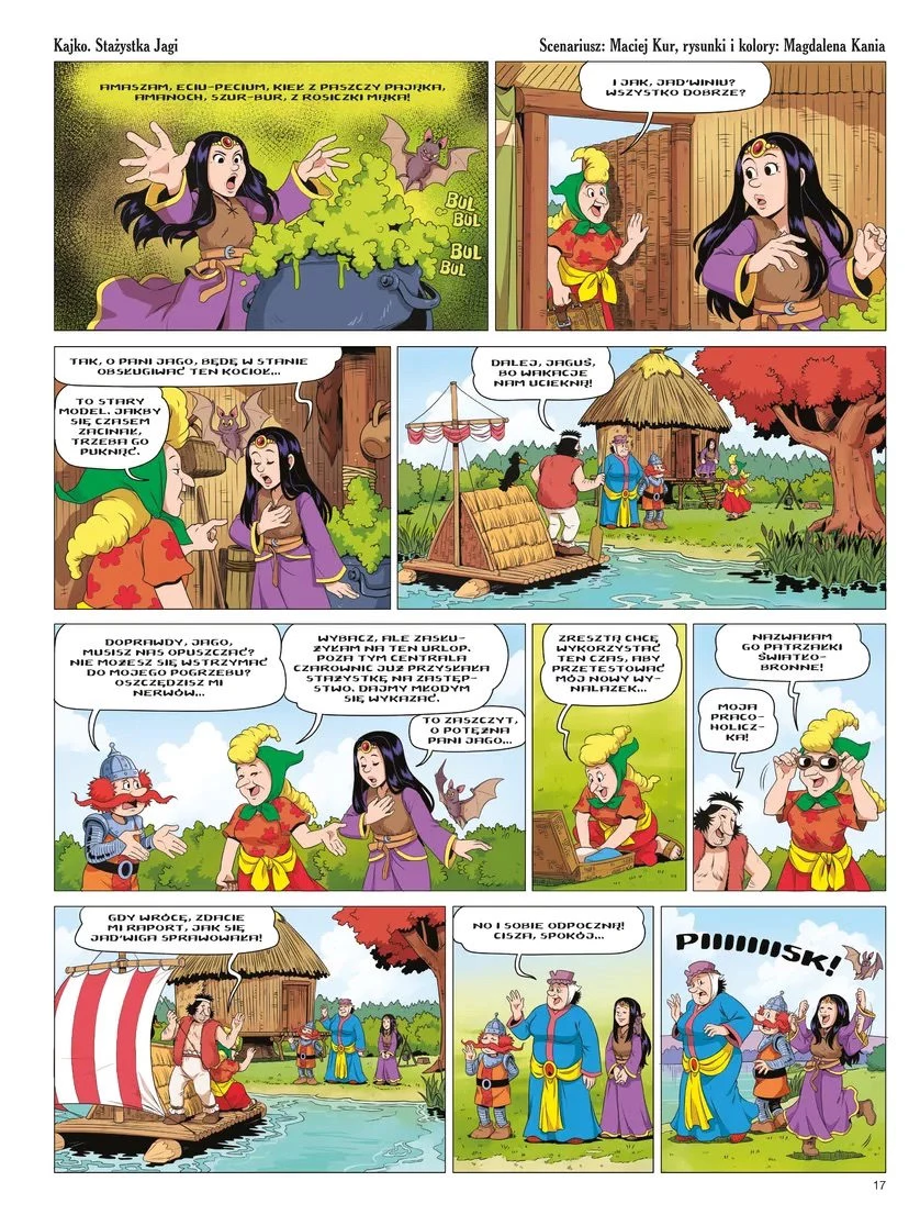 „Oferma Wielki” Baba Jaga stojąca przed chatą zaskoczona przez dwie postacie ubrane w fantazyjne, kolorowe stroje, w tle wiejska chata, las, łódź wikingów i mieszkańcy wsi obserwujący sytuację.