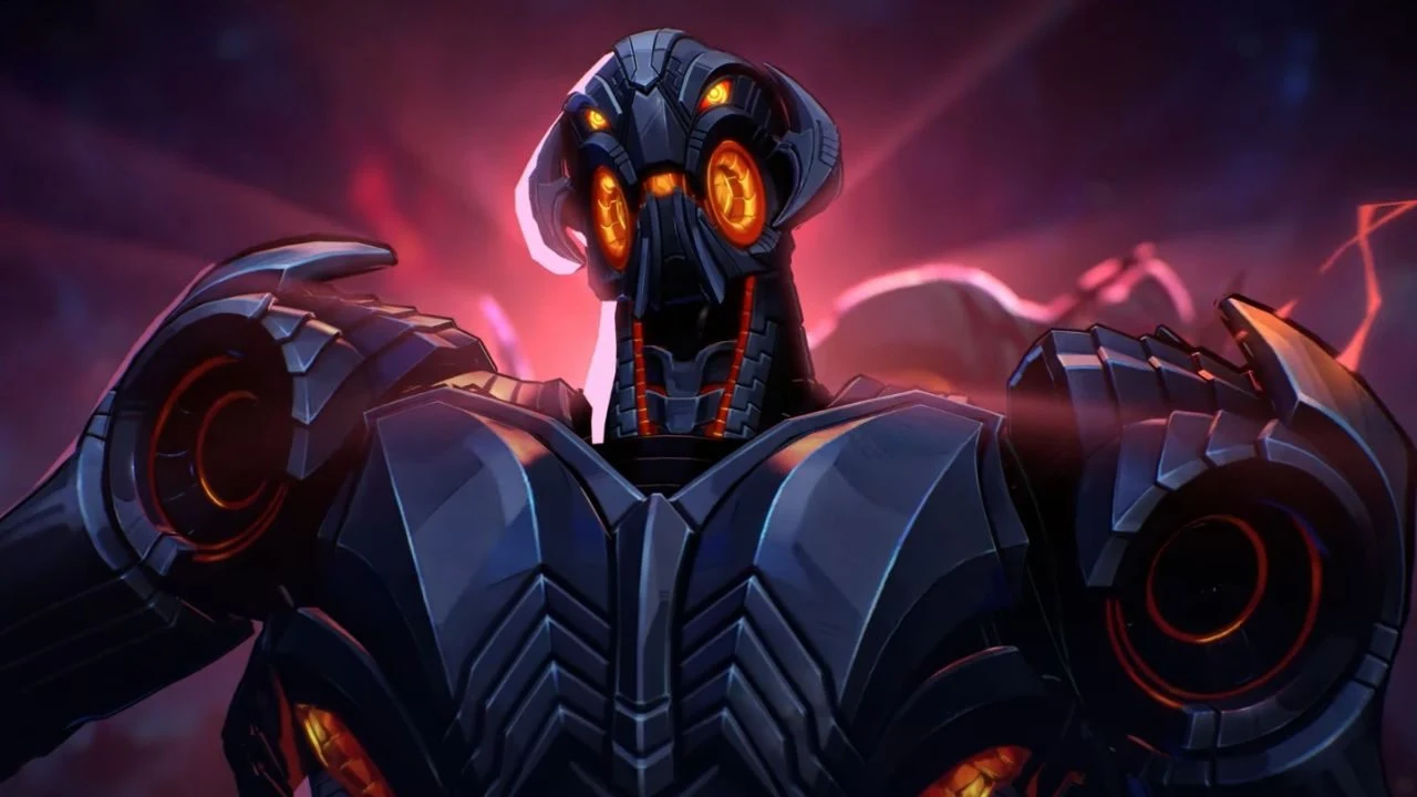 Ultron w Marvel Rivals Futurystyczny robot o ciemnej, metalicznej zbroi z pomarańczowo-żółtymi, świecącymi oczami i detalami, stojący na tle ciemnego, abstrakcyjnego światła podkreślającego jego potęgę.