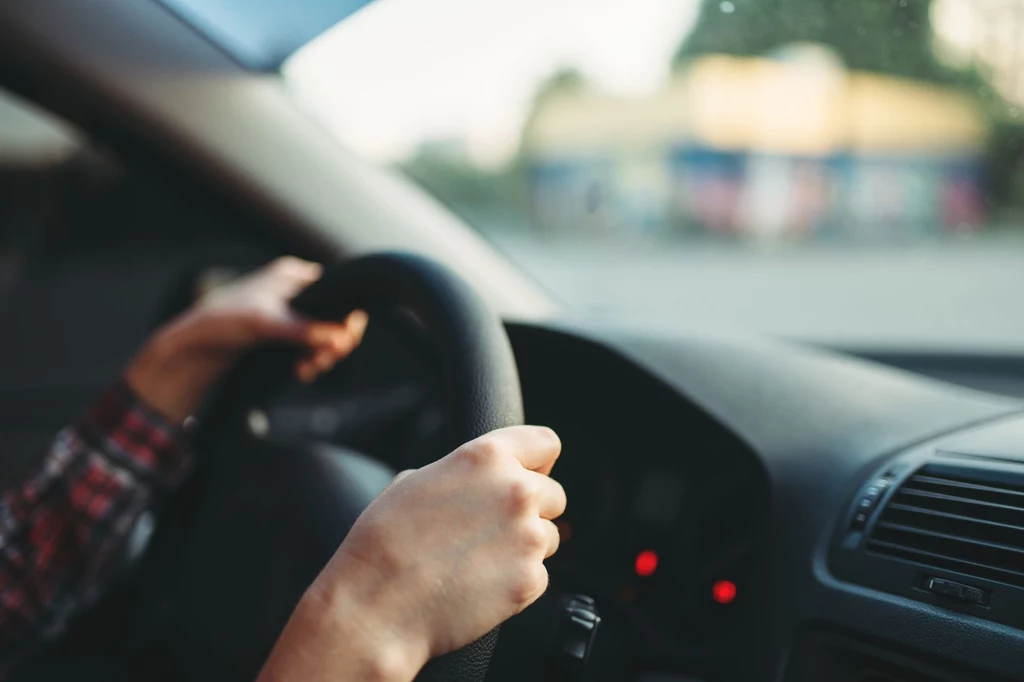 Niezbędne będzie zdanie egzaminu na prawo jazdy. Ręce kierowcy trzymające kierownicę samochodu, wnętrze przedniej części auta widoczne z perspektywy pasażera, lekko rozmyte tło za szybą.