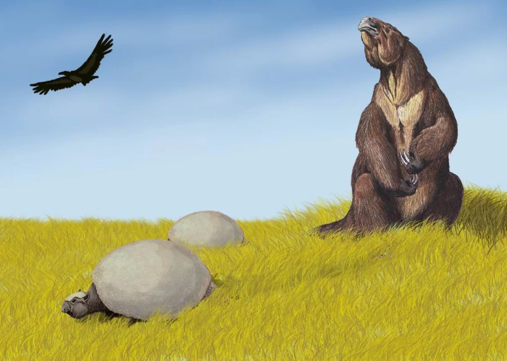 Naziemne leniwce takie jak Megatherium dominowały w krajobrazie dawnej Ameryki Wysokie żółte trawy na otwartej przestrzeni, ogromny leniwiec naziemny siedzący wyprostowany, dwie duże prehistoryczne żółwie leżące na ziemi oraz szybujący ptak na niebie.