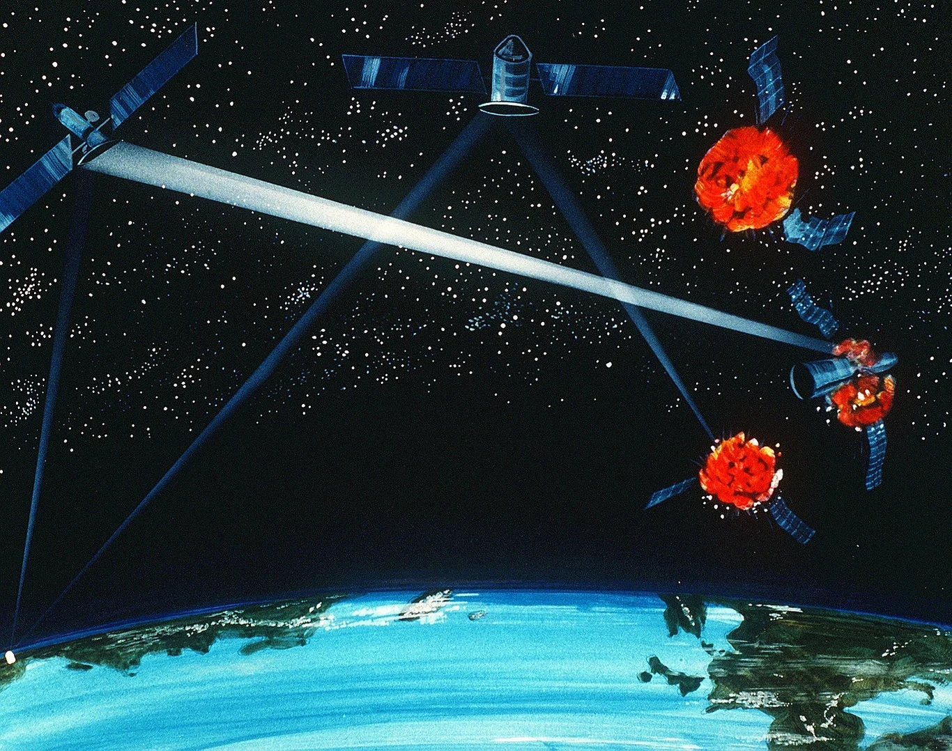 Satelity nad Ziemią przeprowadzają aktywną operację z wykorzystaniem wiązki laserowej, która niszczy inne obiekty na orbicie, powodując eksplozje, tło stanowi ciemne niebo pełne gwiazd i fragment planety Ziemia.