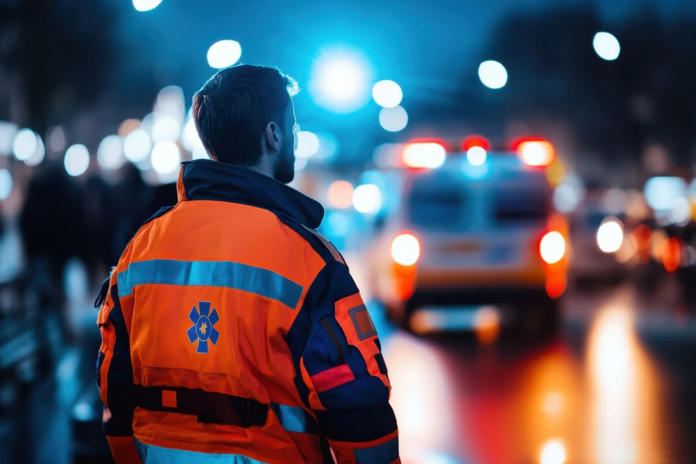 Ratownik medyczny w pomarańczowej kurtce obserwujący z oddali ambulans na oświetlonej, nocnej ulicy, zamazane światła w tle podkreślają atmosferę akcji ratunkowej.