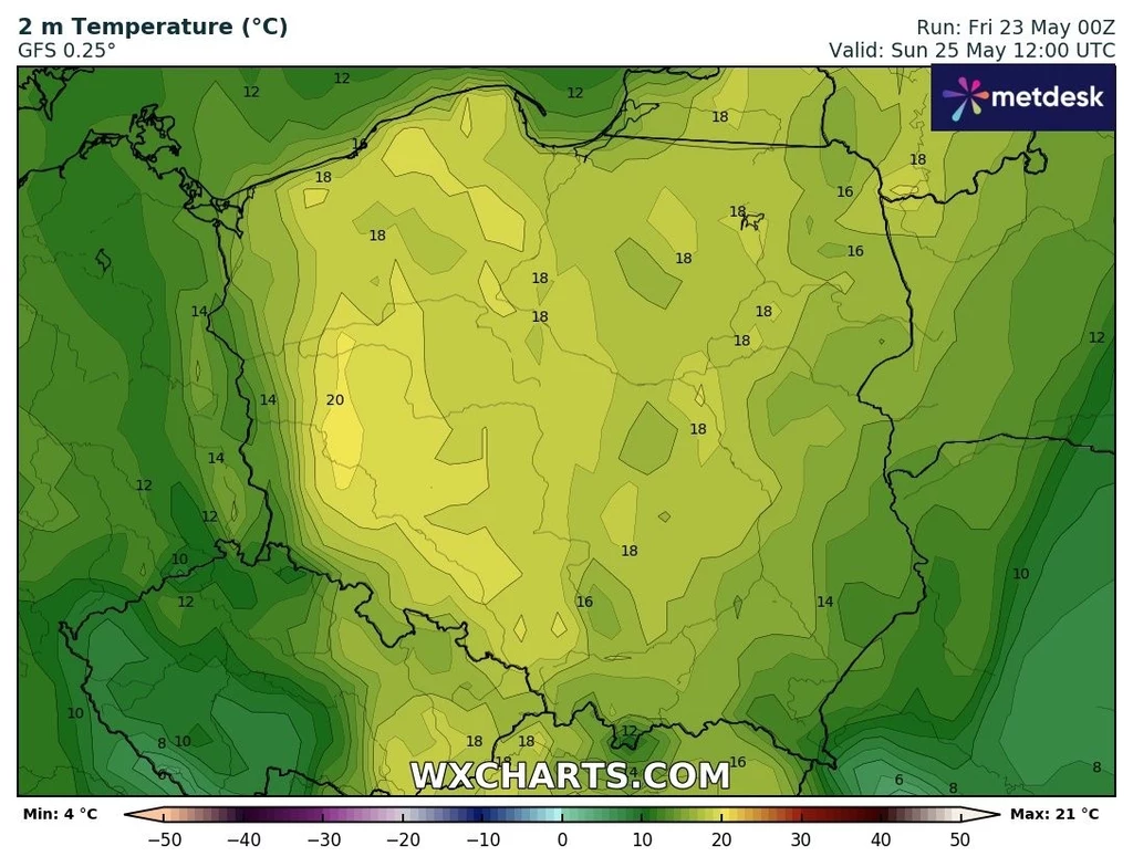 W niedzielę zrobi się cieplej i lokalnie na zachodzie może być nawet nieco powyżej 20 stopni Celsjusza Mapa termiczna Polski ukazująca prognozowane temperatury powietrza na wysokości 2 metrów w stopniach Celsjusza, na tle zróżnicowanego terytorium kraju, z wyraźnie cieplejszym centrum i chłodniejszymi obrzeżami.