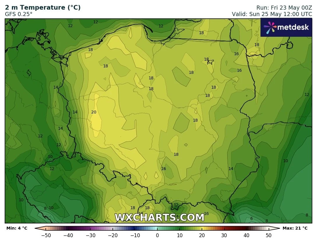 Mapa termiczna Polski ukazująca prognozowane temperatury powietrza na wysokości 2 metrów w stopniach Celsjusza, na tle zróżnicowanego terytorium kraju, z wyraźnie cieplejszym centrum i chłodniejszymi obrzeżami.
